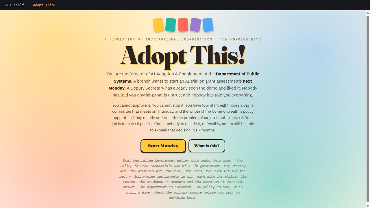 The opening screen of the Adopt This! simulation