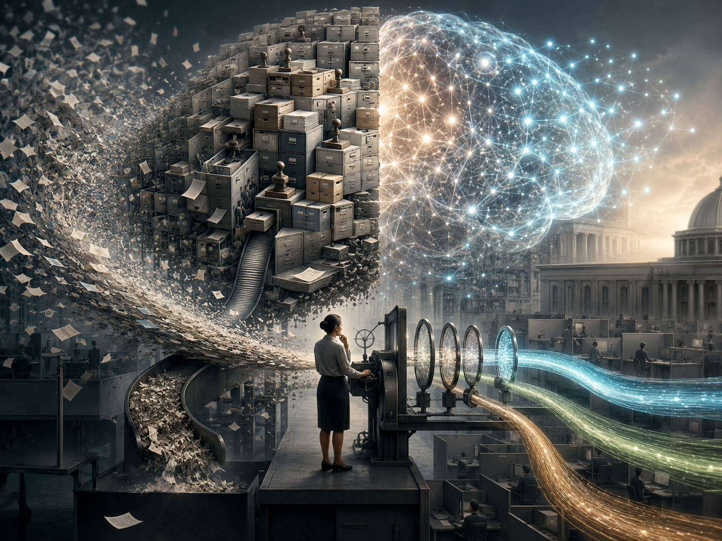 A bureaucratic mind rendered as filing cabinets and papers beside a network of glowing connections