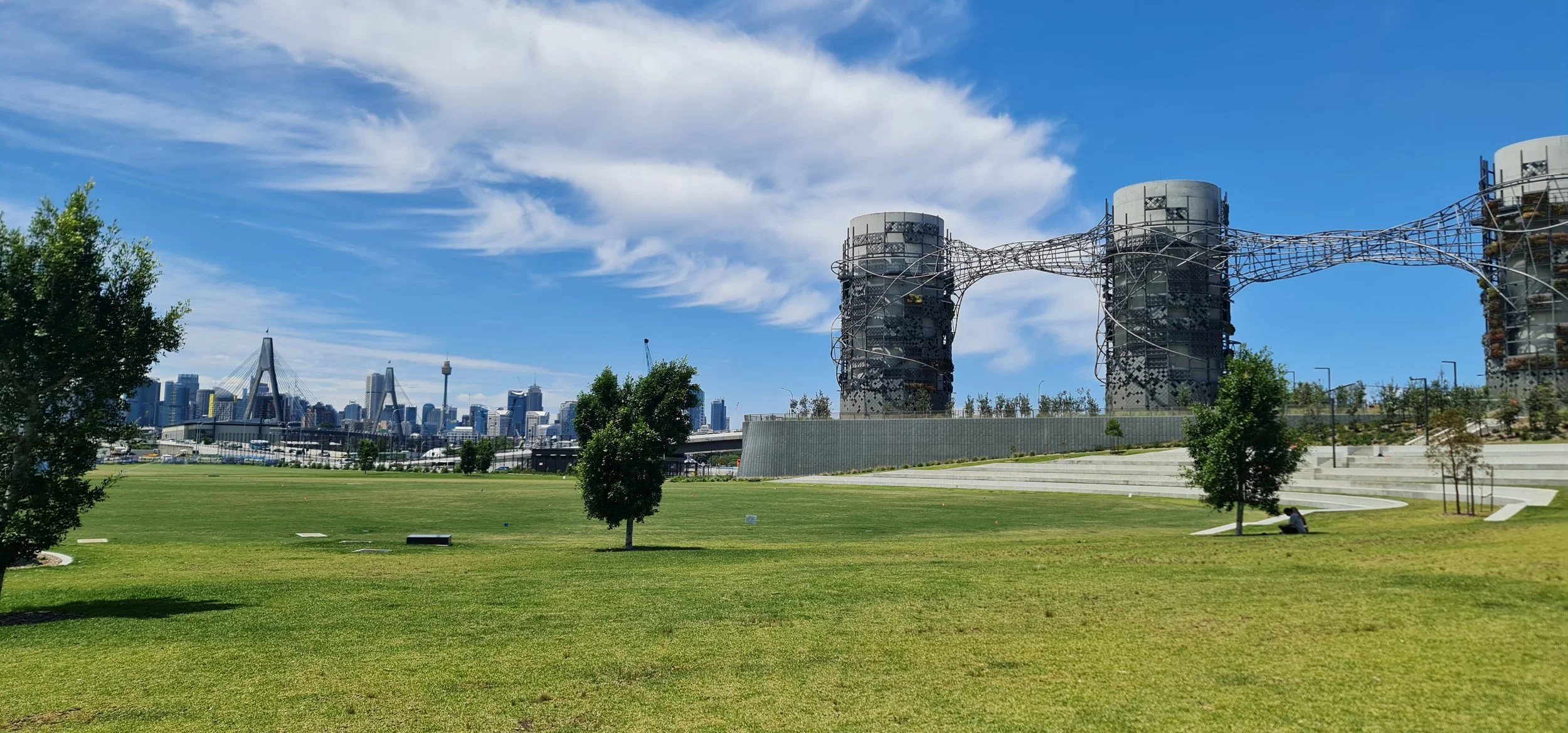 A park and city skyline beside tall connected garden structures