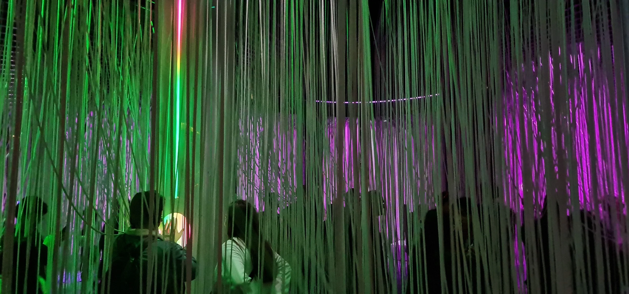 People moving through hanging threads lit in green and purple